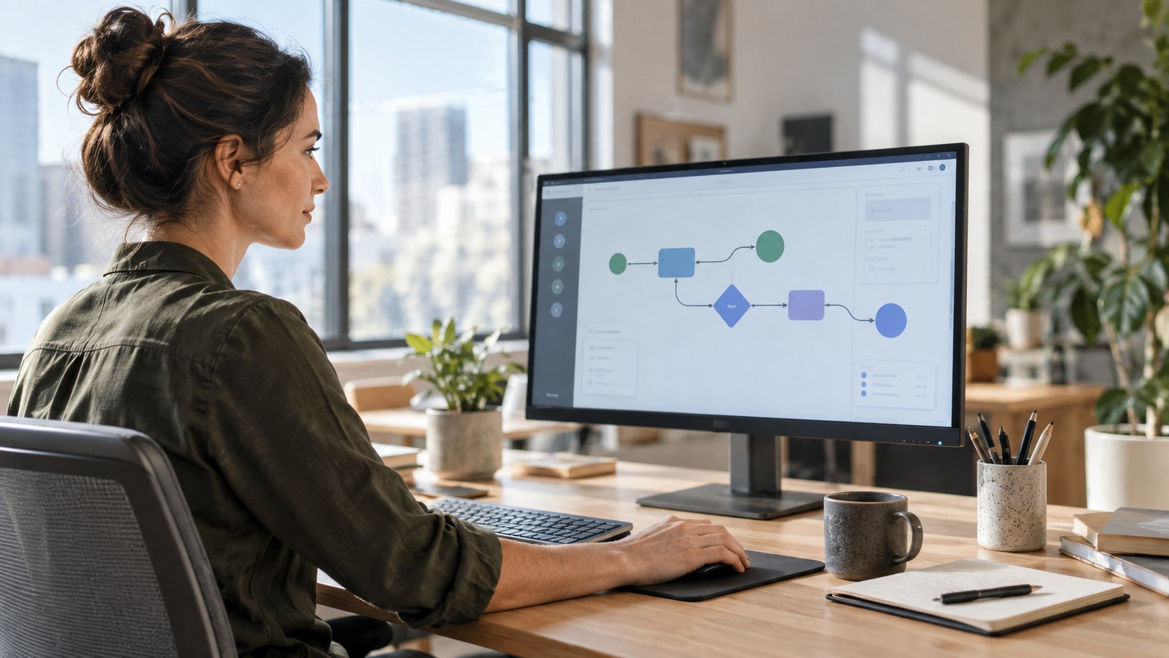 Analyst working with business information at a laptop