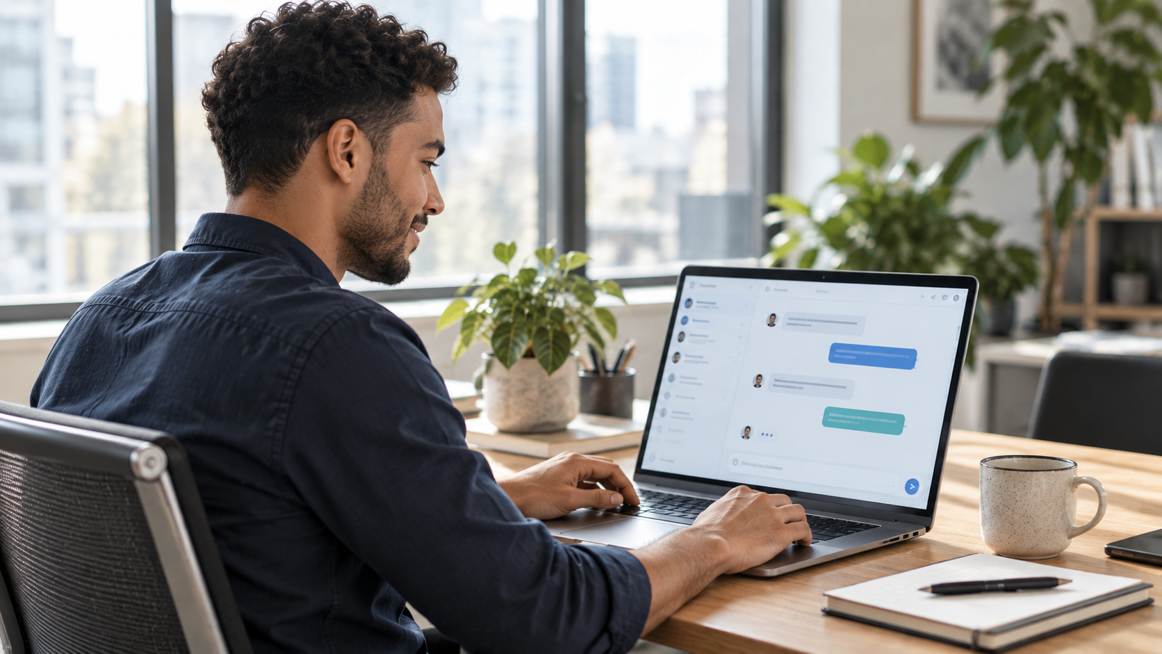 Professional reviewing a chatbot conversation on a laptop in a naturally lit office