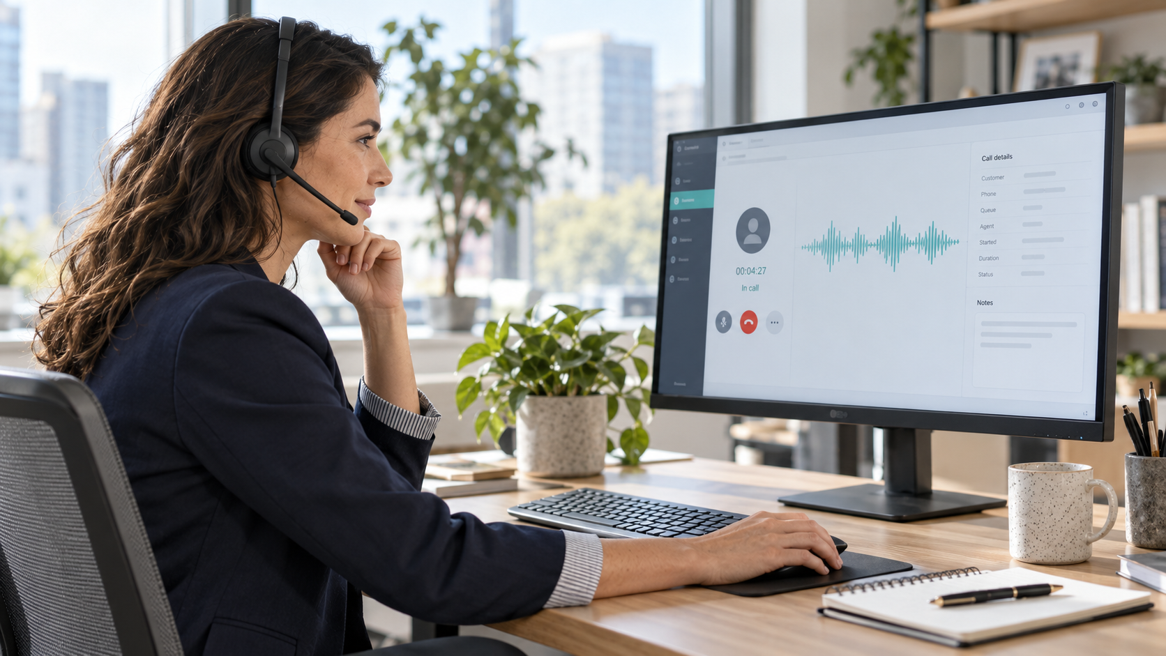 Professional using a headset beside a monitor displaying a voice call interface