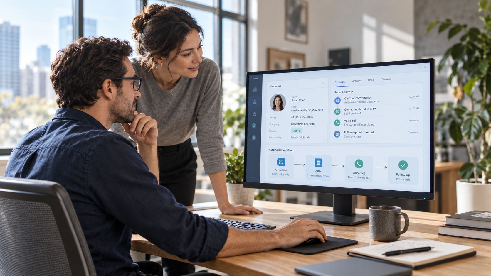 Two colleagues reviewing a CRM dashboard and connected customer workflow