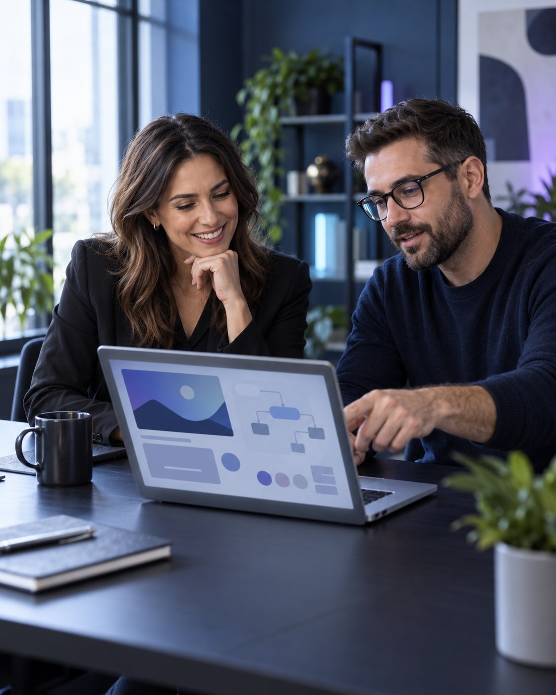 Business owner and technology consultant discussing a website and automation project over a laptop