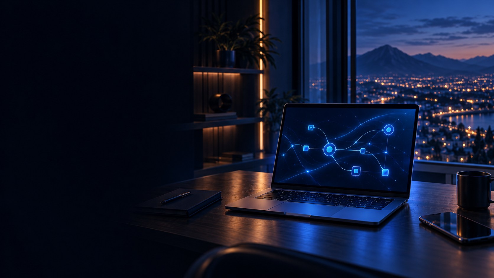 Laptop with a connected AI workflow on a desk overlooking mountains and city lights at dusk